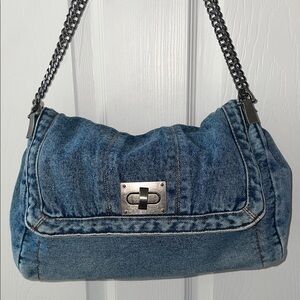 Blue Denim Shoulder Bag with Silver Chain Strap